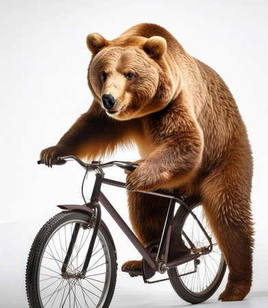Brown bear rides a bicycle on a white background. Studio shot.の素材
