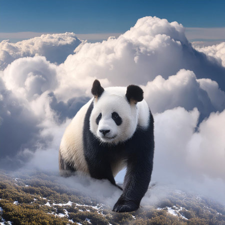A giant panda on the top of a mountain with fluffy cloudsの素材