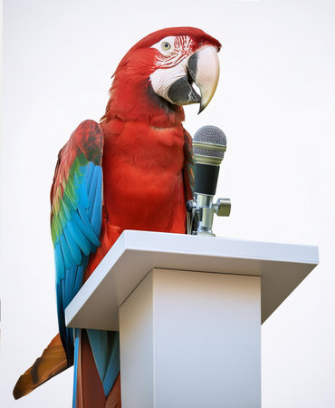 Red macaw sitting on a tribune and singing into a microphoneの素材