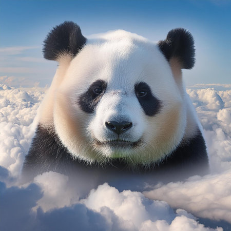 Panda bear in the blue sky with clouds. 3D renderingの素材