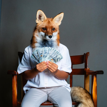 Portrait of a fox in a white shirt sitting on a chair and holding moneyの素材