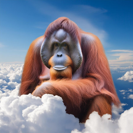 Orangutan sitting on the cloud with blue sky and clouds backgroundの素材