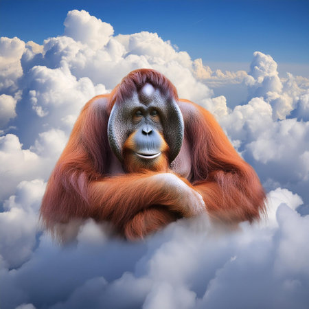 Orangutan in the clouds on a blue sky background. 3d renderの素材