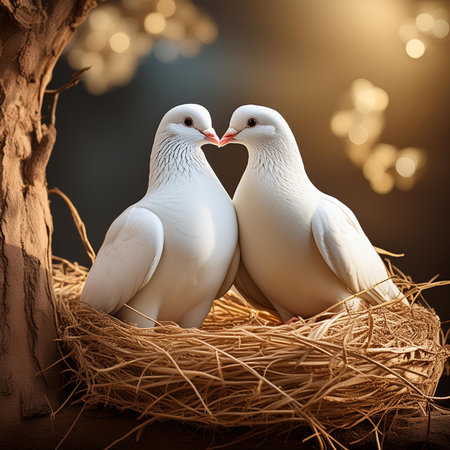 Pair of white doves in nest on bokeh backgroundの素材