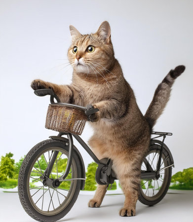 Cat with a bicycle on a white background. The cat is sitting on a bicycle.の素材