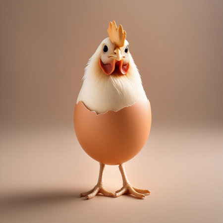 Cute chicken in eggshell on brown background. Easter concept.の素材