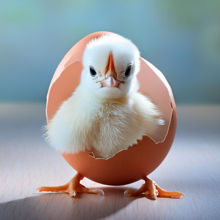 Cute little chicken in eggshell on wooden table, closeupの素材