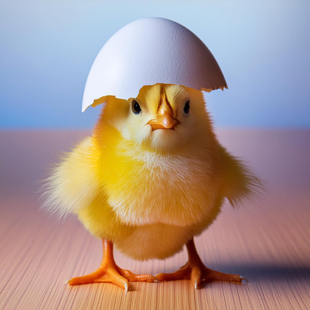 Little yellow chicken with eggshell on a wooden background. Easter concept.の素材