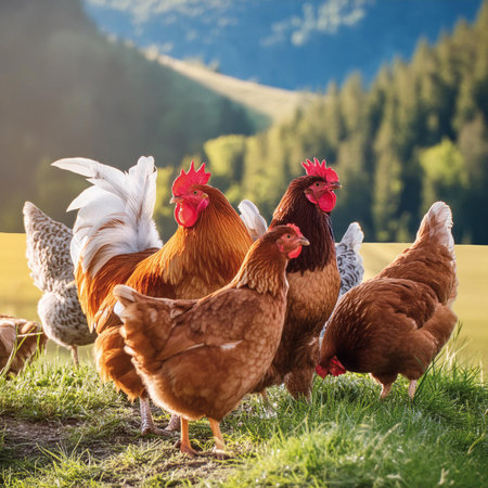 chickens and rooster on a meadow in the mountainsの素材