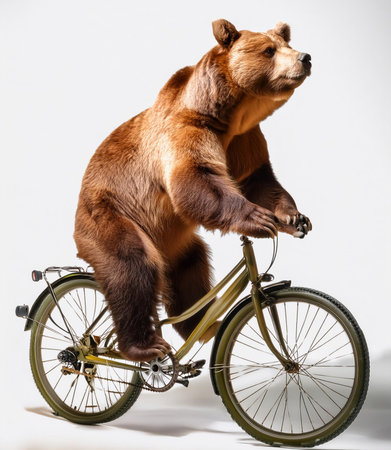 Brown bear riding a bicycle on a white background. Studio shot.の素材