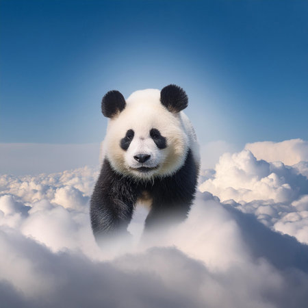 Panda bear on the cloud with blue sky background, 3d renderingの素材