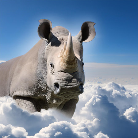 White rhinoceros on blue sky with white clouds background.の素材