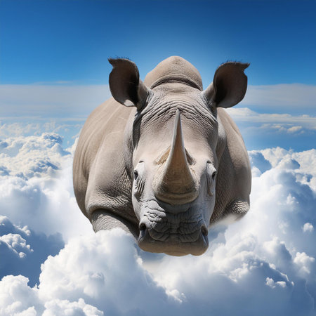 rhinoceros on the clouds with blue sky background. 3d renderingの素材