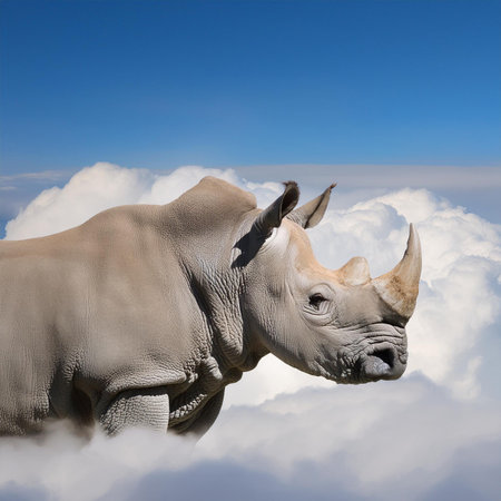 White rhinoceros on the blue sky background and clouds.の素材