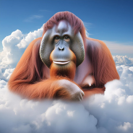 Orangutan in the clouds looking at the camera. 3d renderの素材