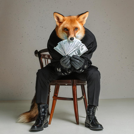 Red fox in a black leather jacket sits on a chair with money.の素材