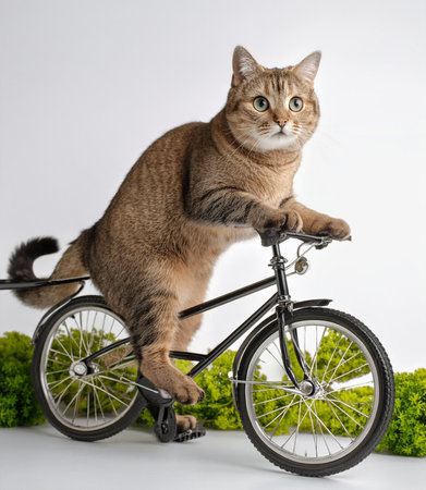 Beautiful cat on a bicycle in front of a white background.の素材