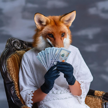 Portrait of a red fox in a white dress with money in his hands.の素材