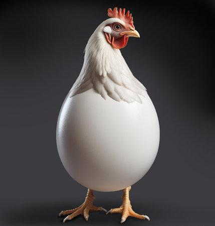 White chicken isolated on black background. 3d rendering, 3d illustration.の素材