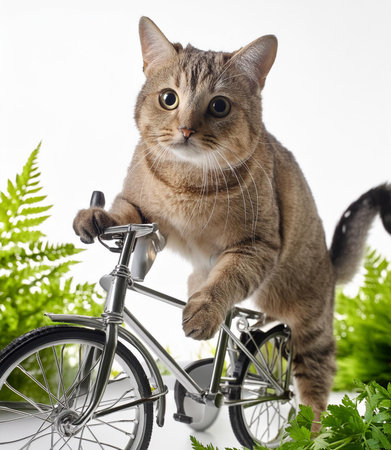 Cat riding a bicycle with green plants on a white background, isolatedの素材