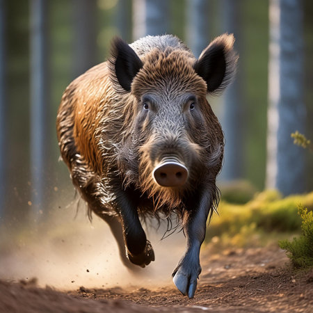 Wild boar running in the forest. Wildlife scene from nature.の素材