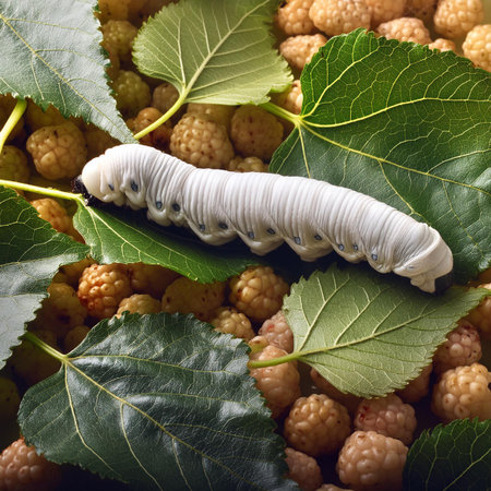 Caterpillar of mulberry (Mulberry) with leavesの素材