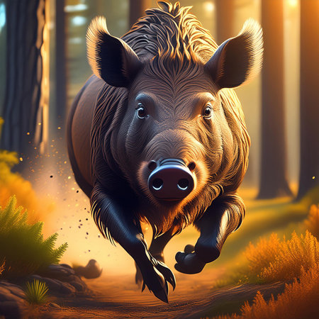 Wild boar in the forest. 3D illustration. Retro style.の素材