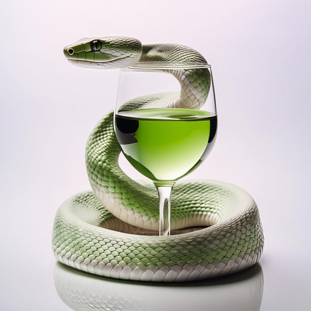 snake with green juice in a glass on a white background.の素材