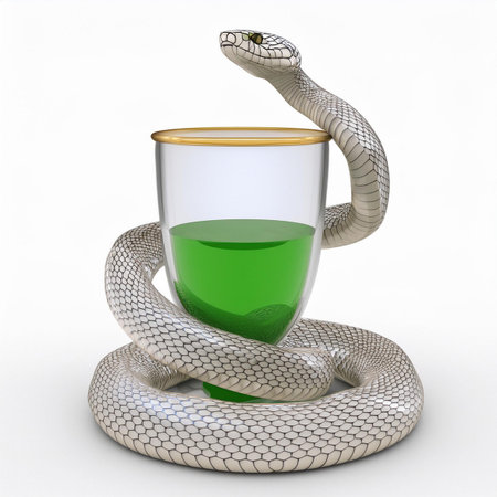Glass of green juice and snake on white background. 3D illustrationの素材