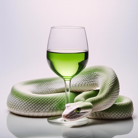 Green and white snake with a glass of wine on a white backgroundの素材