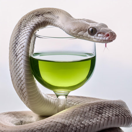 snake with green juice in a glass on a white background.の素材