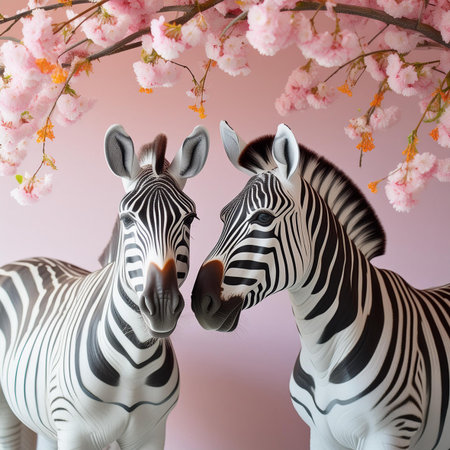 Two zebras on a pink background with blooming sakuraの素材
