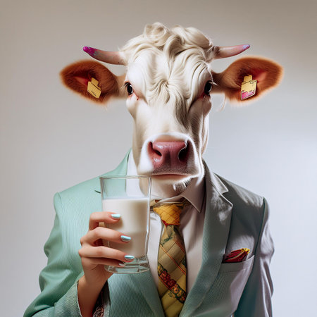 Cow with a glass of milk on a gray background. The concept of milk production.の素材