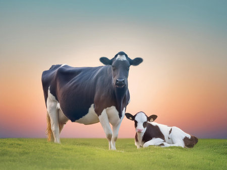 Calf and cow on the meadow at sunset. Concept of animal husbandry.の素材