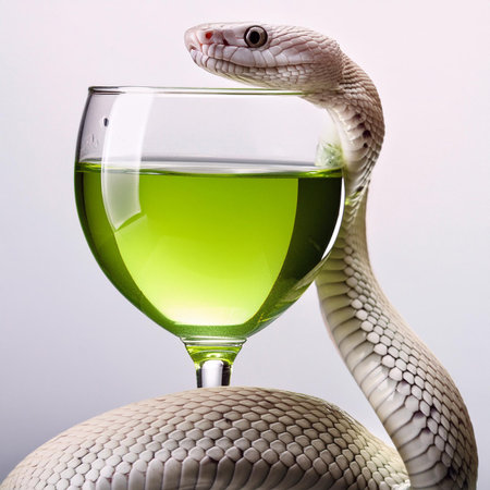 snake and green juice in a glass on a white background.の素材