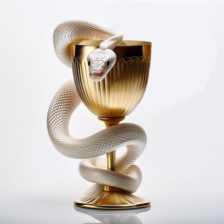 Golden trophy cup with snake on white background. 3d illustration.の素材