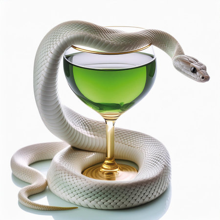 White snake with green potion in a glass on a white background.の素材