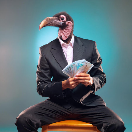 Businessman in a suit with a bird on his head holding moneyの素材