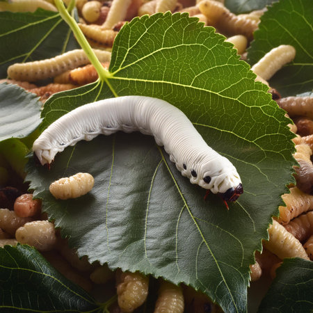 Close up of a white caterpillar eating mulberry leaf, studio shotの素材