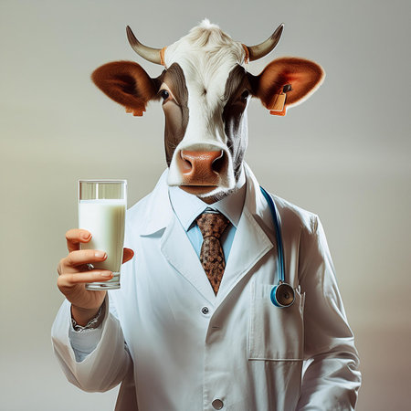 Portrait of a cow doctor with a glass of milk on gray backgroundの素材