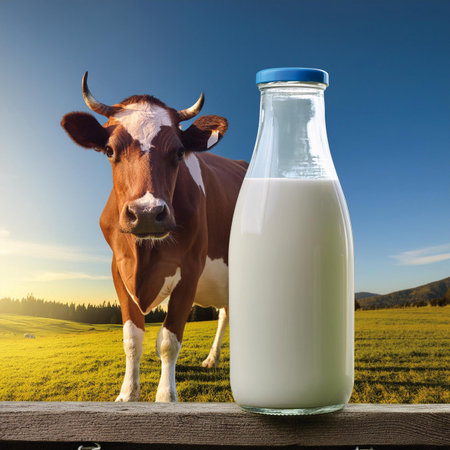 Milk bottle and cow on the background of green meadow.の素材