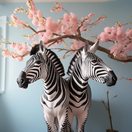 Two zebras with cherry blossom branches in the background.の素材