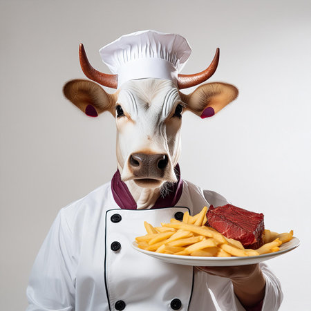 Cow chef with a plate of French fries and beef on a gray backgroundの素材