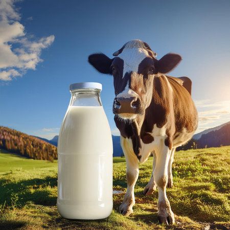 Milk bottle and cow on a meadow in the mountains.の素材