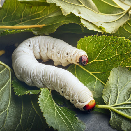 Caterpillar of mulberry moth (Malabar moth) eating mulberry leavesの素材