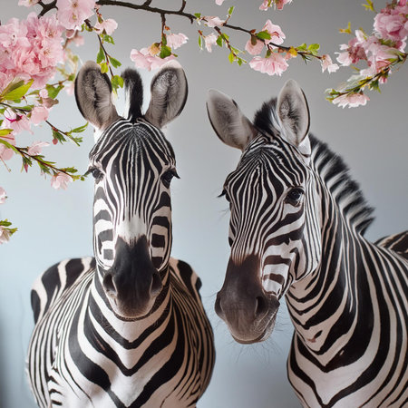 Two zebras standing in front of a blooming sakura branchの素材