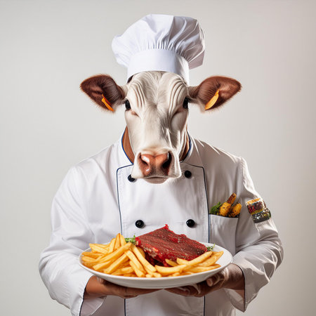 Cow cook holding a plate of meat and french fries on gray backgroundの素材