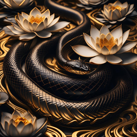 3d rendering of black snake with lotus flower on gold backgroundの素材