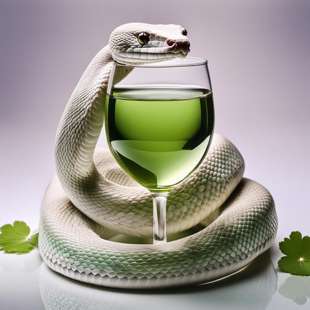 Glass of green water and snake on a gray background, closeupの素材