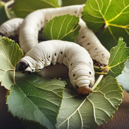 White silkworm larva on green mulberry leaves. Close-upの素材